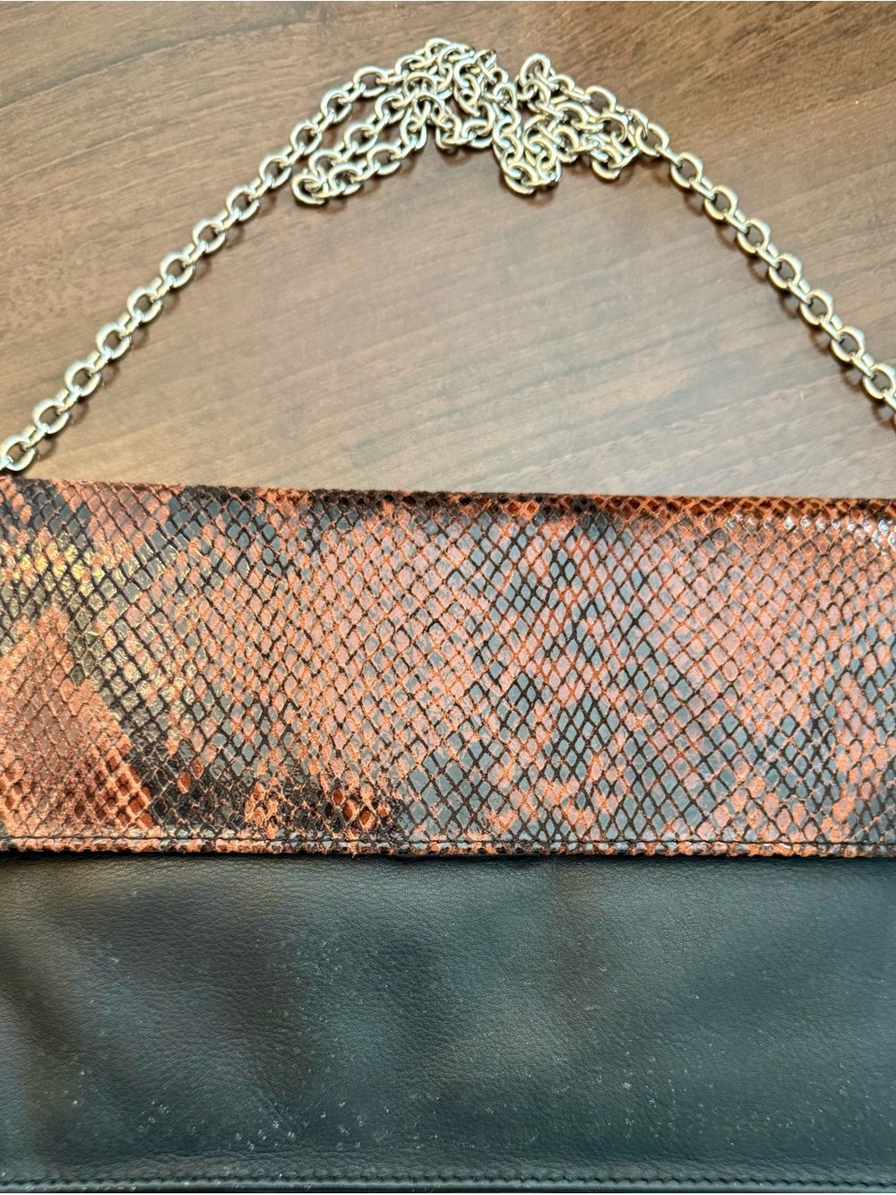 Jill New York Snake-Print and Black Leather Foldover Clutch Chain Shoulder Bag